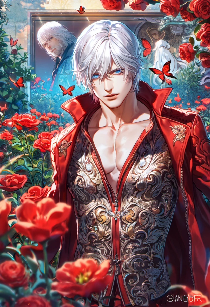 absurdres, highres, ultra detailed, HDR, master piece, best quality, Dante, white hair, expressive blue eyes, devil may cry, Vergil, white hair, expressive blue eyes, two sexy men together, gay couple, yaoi, handsome, toned chest, red coat, blue coat, magical, fantasy, shining, pink flowers, pink blossoms, pink butterflies, pink petals, water