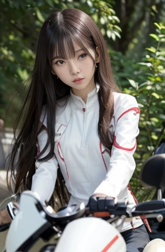 best quality, detailed, beautiful, insanely detailed, absurdres,perfect anatomy, Japanese woman,black hair,27 years old, (slender), (small breasts),battle, dramatic angle, from below, sharp focus, Fluttering long hair, dress, randomly ((red and white rider suit)), (Scene of riding a motorcycle:1.3),Beautiful and delicate violet light water surface,