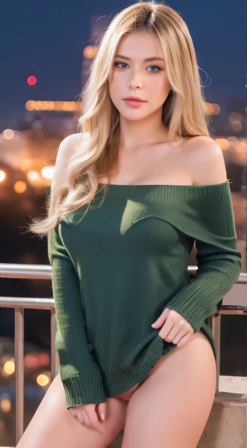 (masterpiece), (best quality, highres, highly-detailed, illustration), 1girl, solo, city, contemporary, blonde beige long hair, green eyes, beautiful detailed eyes, proportional face, big breast, huge breast, she only wear a off-the-shoulder sweater, no pants, no panties, Expose very detail vagina, high heel, full body 8k, trending on ArtStation, featured on Pixiv, paris, eifel tower, night. 