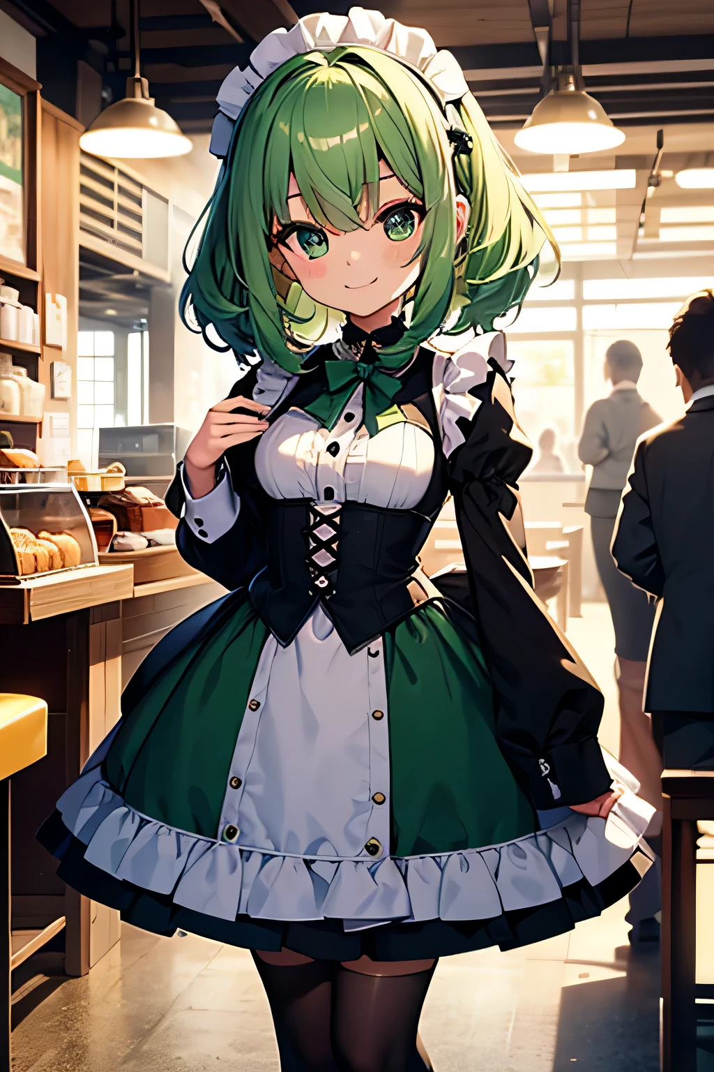 best quality, masterpiece, 1girl, , short light green hair, green eyes, kawaii, kawaii face, wearing maid costume, caffee background, high res, ultrasharp, 8K, masterpiece, little smile, face slightly turned to the left, standing up straight, looking at front viewer, half body