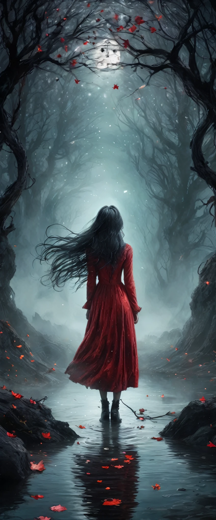 A woman in a red dress walking through a forest with a full moon ...