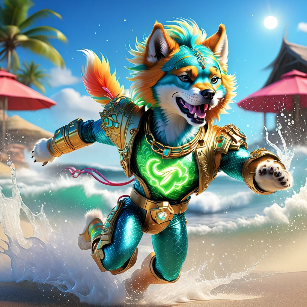 Imaginative illustrations,Depicts a furry character with tropical themes。This anthropomorphic image was inspired by the concept of Flash Dog - colorful、Gorgeous,And decorated with dazzling accessories。They stand prominently with an expressive face,Their luxurious fur shines,Bask in the warmth of the invisible sun。Their color is neon green、Intense teal with bright coral accents,Embodying the energy of a tropical paradise。Tiny glitter particles are scattered throughout their fur.,Suggesting the glitter of sunlight reflecting off the waves。Their paws gently hold a fresh coconut,Further strengthening the tropical theme。