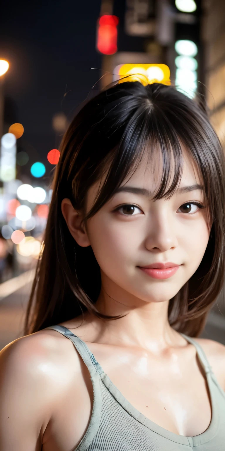 1 Girl, Tokyo Street,night, Streetscape,City lights,Upper Body,close,smile,, (8K, Raw photo, highest quality, masterpiece:1.2),(Realistic, photo-Realistic:1.37),