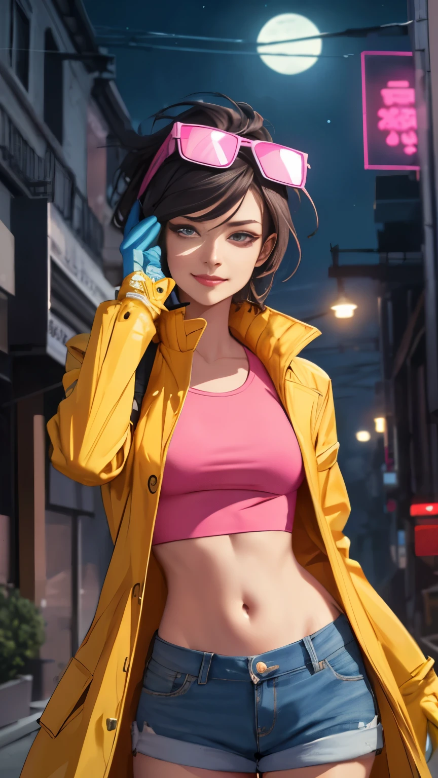 (Highly quality, masterpiece, detailed), night city detailed scenario, night city detailed background, solo, jubilee, pink crop top, raincoat, jean shorts, blue gloves, eyewear on head, smirk, navel, perfect face, beautiful eyes, looking at the viewer, Sexy pose