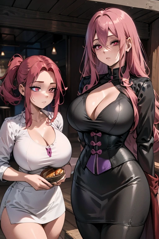 A gorgeous pink haired woman with violet eyes and an hourglass figure is eating with a stunning red haired woman with red eyes and an hourglass at a restaurant
