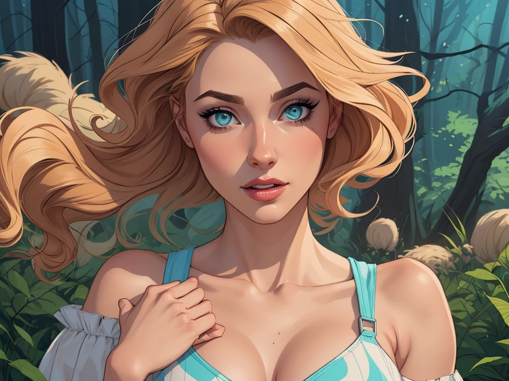 masterpiece, 1girl, solo, make her a sexy Alice in Wonderland with blonde hair, powder blue dress with white apron, white stockings, cleavage, dynamic, ultra high def, 32k, (perfect anatomy:1.5), perfect legs, in the style of Artgerm and Adam Hughes, perfect arms, downblouse