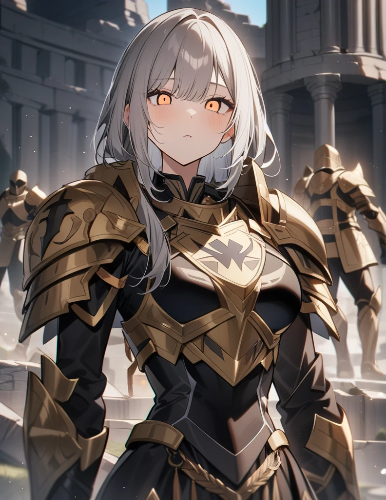 1girl,(16k, masterpiece, best quality), ultra-detailed, detailed beautiful round eyes, beautifully detailed face, high quality, high resolution, (libra saint armor), greek ruins, logo zodiac libra