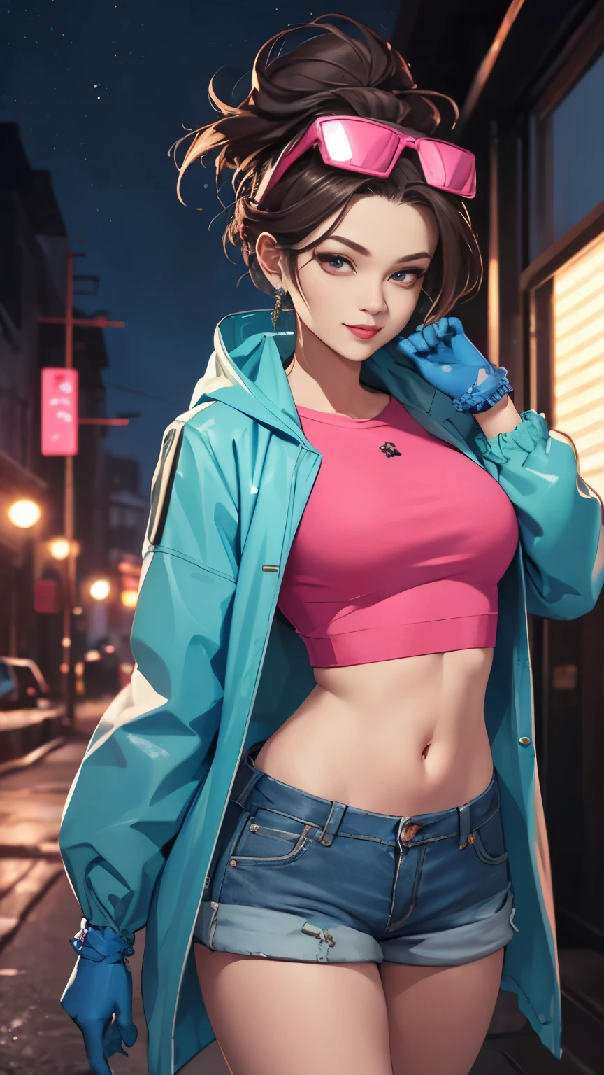 (Highly quality, masterpiece, detailed), night city detailed scenario, night city detailed background, solo, jubilee, pink crop top, raincoat, jean shorts, blue gloves, eyewear on head, smirk, navel, perfect face, beautiful eyes, looking at the viewer, Sexy pose