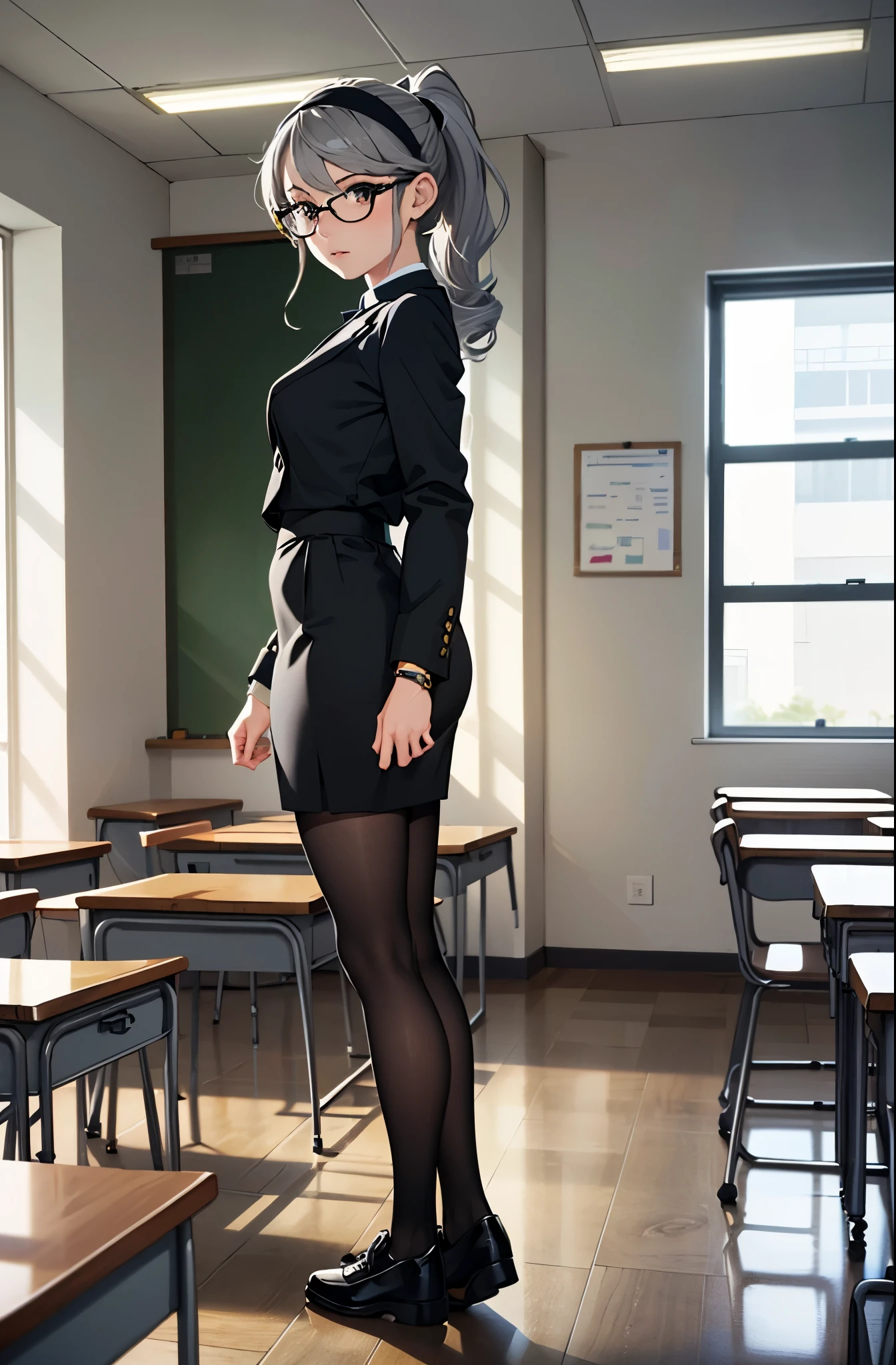 masterpiece, best quality, solo, solo focus, 1girl, (grey hair, ponytail, shoulder-length hair, wavy hair, black hairband), auburn eyes, beautiful detailed eyes, beautiful detailed face, cute face, stoic, professional, teacher, black suit, glasses, black skirt, pencil skirt, miniskirt, full pantyhose, gold bracelets, shoes, full body costume design. classroom, warm lighting.