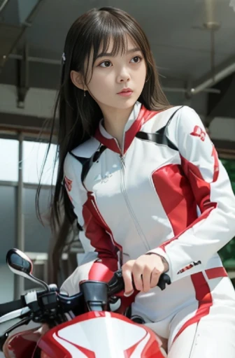 best quality, detailed, beautiful, insanely detailed, absurdres,perfect anatomy, Japanese woman,black hair,27 years old, (slender), (small breasts),battle, dramatic angle, from below, sharp focus, Fluttering long hair, dress, randomly ((red and white rider suit)), (Scene of riding a motorcycle at high speed:1.3),Beautiful and delicate violet light water surface,