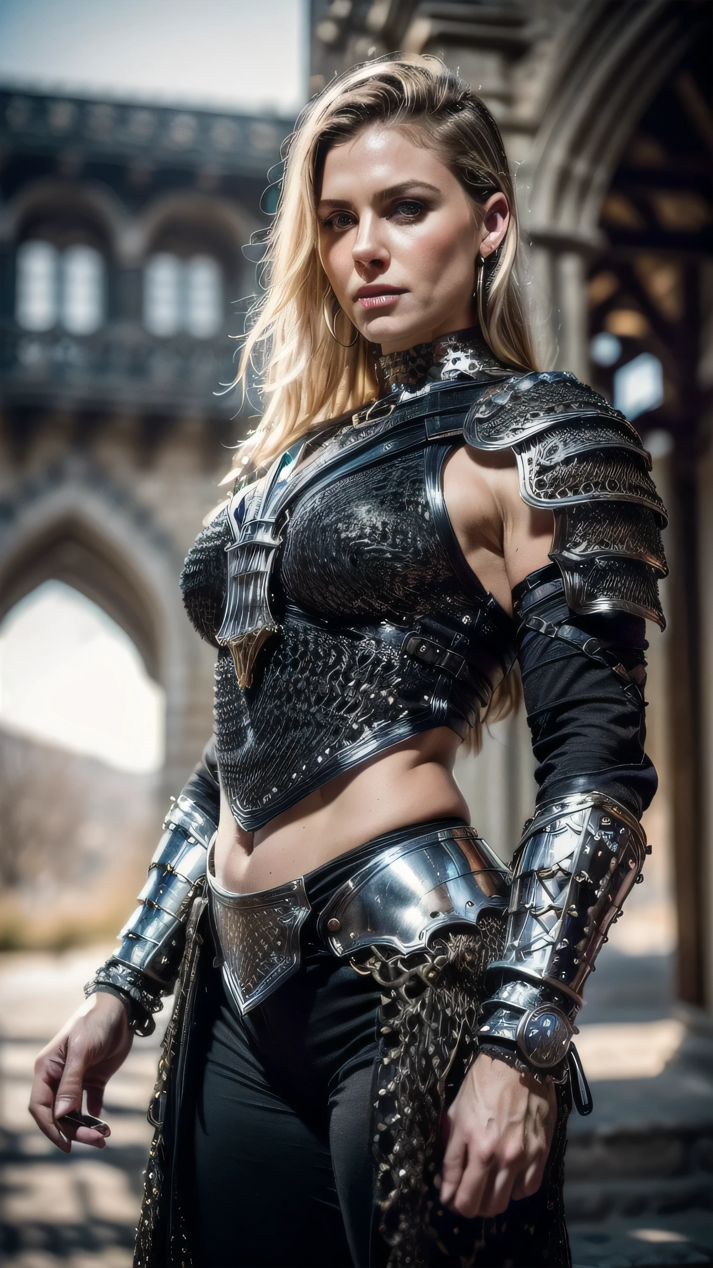 (masterpiece), (extremely intricate:1.3), (realistic), portrait of a muscular bodybuilder girl, ((((medieval armor:1.6 black gold filigree breastplate, perfectchainmail)), wind blown blowing [blonde hair:dark hair:0.6], [flat chest:large breasts:0.6], from below), tattoo:1.0), metal reflections, upper body, outdoors, intense sunlight, far away castle, professional photograph of a stunning woman detailed, (((short undercut shaved hair, dynamic pose))), sharp focus, dramatic, award winning, cinematic lighting, volumetrics dtx, (film grain, blurry background, blurry foreground, bokeh, depth of field, sunset, interaction, blackiron Perfectchainmail ribbons), 8K