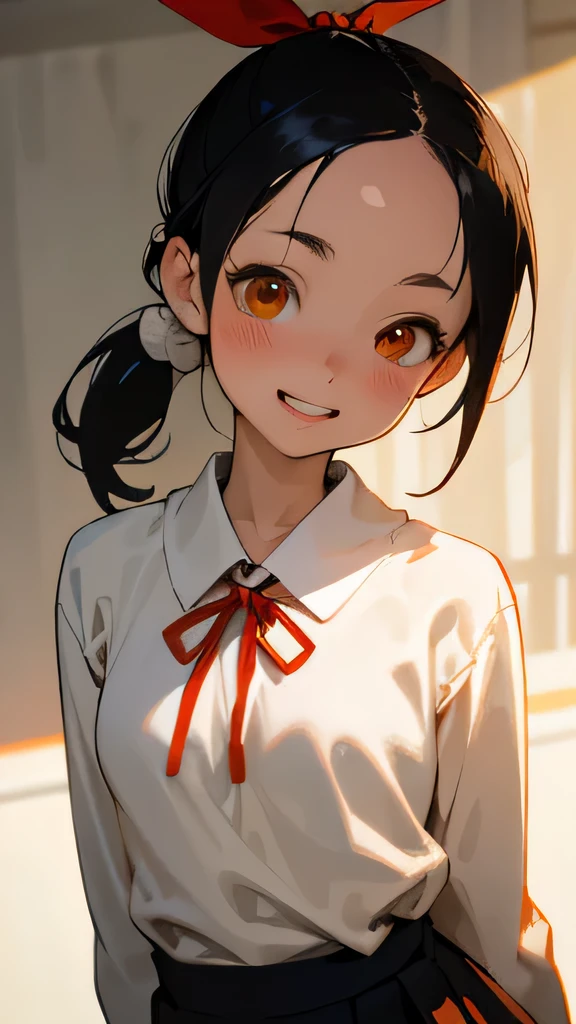 highest quality、Realistic、Japanese、Women、cute、orange eyes、Short ponytail、Black Hair、all back、Forehead is coming out、classroom、White blouse、Red ribbon、Light grey jumper skirt、student、Grinning、Face close-up、Small breasts、slender