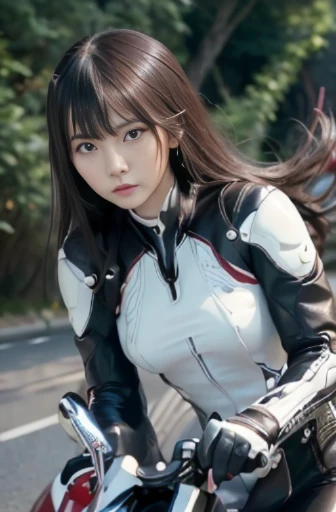 best quality, detailed, beautiful, insanely detailed, absurdres,perfect anatomy, Japanese woman,black hair,27 years old, (slender), (small breasts),battle, dramatic angle, from below, sharp focus, Fluttering long hair, dress, randomly ((red and white rider suit)), (Scene of riding a motorcycle at high speed:1.3),Beautiful and delicate violet light water surface,