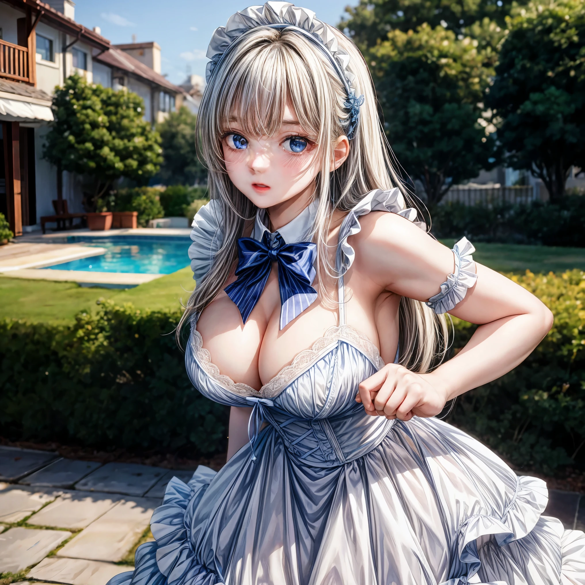1 Girl, Beautiful, Baby Face, 20 Years Old, White Skin, Pose, Cleavage White Maid Outfit, Blue Eye, Muscles:1.3, Outdoor, Bokeh:1.1, Drill Hair, Tied Hair