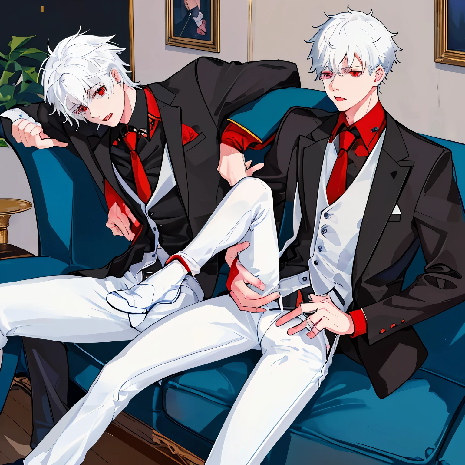 Couple embracing, sweat falling, Boy's leg on Couch, (2boys), 2Boys short white hair, 2Boys red eye, 8k, perfect color matching, white hair only, handsome, 20 year old, jeans, wedding suit, Anime-style thick painting,BL,yaoi,