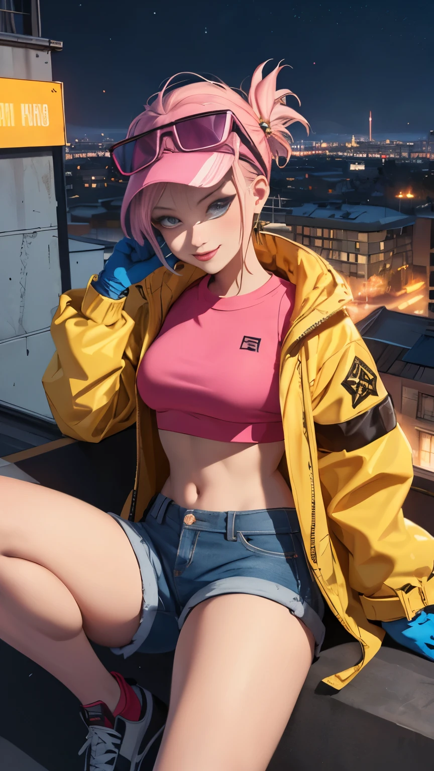 (Highly quality, masterpiece, detailed), night city detailed scenario, night city detailed background, solo, jubilee, pink crop top, raincoat, jean shorts, blue gloves, eyewear on head, smirk, sitting on top of a building, navel, perfect face, beautiful eyes, looking at the viewer, Sexy pose