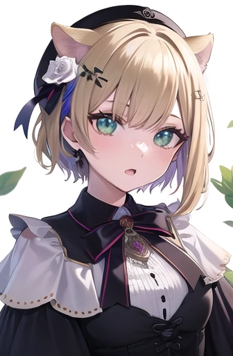 (masterpiece:1.3),((High resolution)),((high quality)),((Super detailed))、One girl、Perfect balance、Perfect Face、Detailed face、Cute face、Beautiful detailed eyes、Expressive eyes、Cute eyes、shiny eyes、Perfect body、Beautiful body、Highless、Walnut noa、Short Hair、Animal ears、beret、Black Hat、Hair Flowers、White Rose、Barrette、black bow tie、brooch、White shirt、Black Dress、Long sleeve、Puffy sleeves、Black Skirt、Grass、:o. wariza、field、whole body