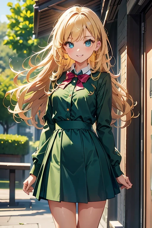 She is wearing a green long-sleeved dress with orange stripes on the sleeves and hem。, It has an orange ruffled collar.. She also has blonde curly hair, eyelash, Pink lipstick.  Shine; glitter