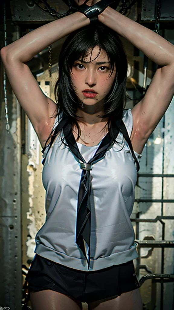 high quality, high resolution, extreme detail, masterpiece, tifa Lockhart, tied up by chain,arms up, in the basement,,bondage, (restrained), angry,  from above