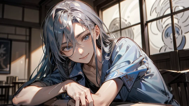 Super detailed,Haig quality,sketch,One boy,Mature Men,Beautiful Face,(Silver center parting:1.3),Handsome man,Pearly skin,White short sleeve shirt,Droopy eyes,Japanese High School,Dynamic Angle,Japanese anime,smile, Cafe, Relax, drawing picture