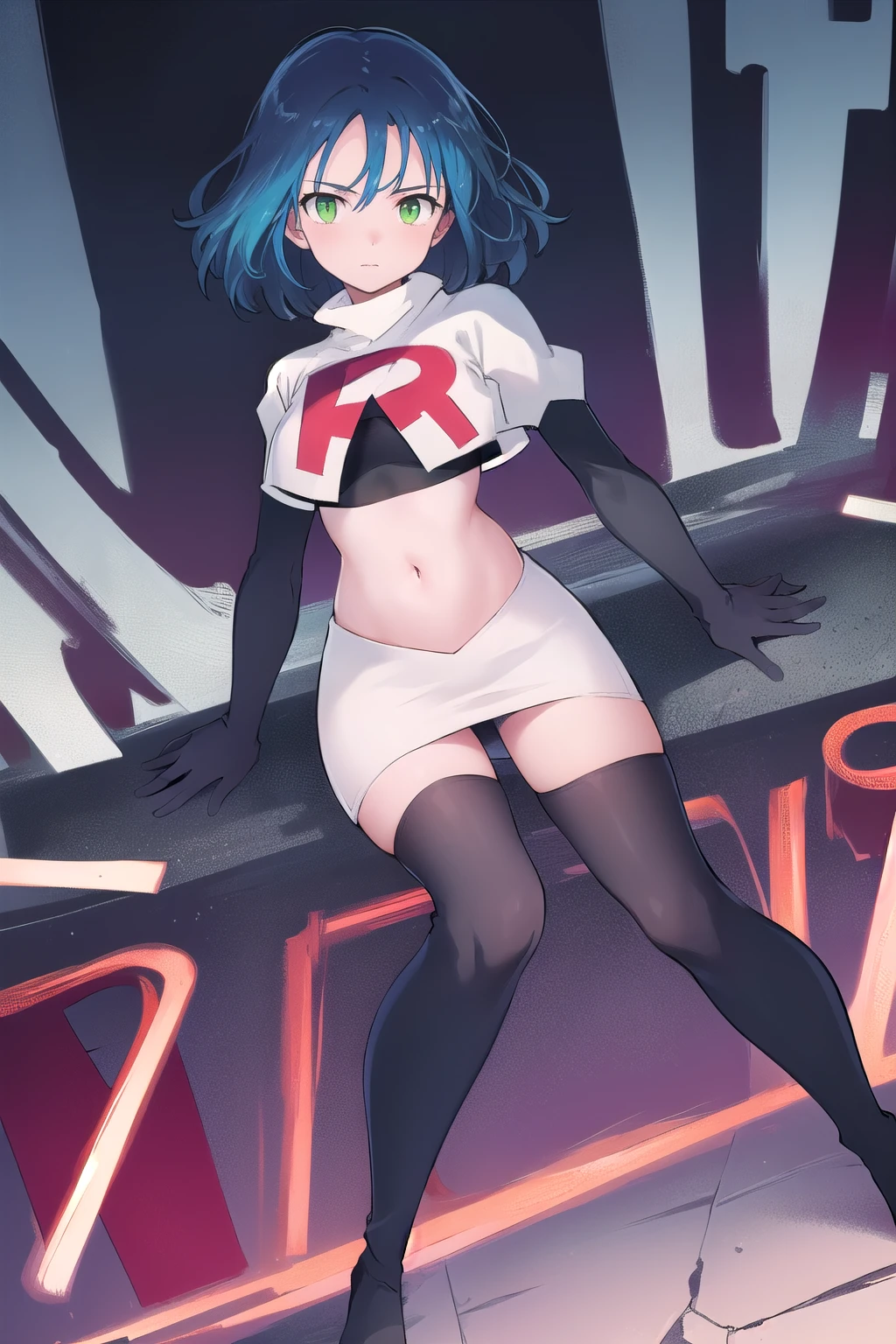 masterpiece, high quality, 8k, beautiful lighting, 1girl, solo, green eyes, medium_hair, team rocket,team rocket uniform, red letter R, white skirt,white crop top,black thigh-highs,black elbow gloves, looking at viewer, anime, blue hair, city, dynamic angle 