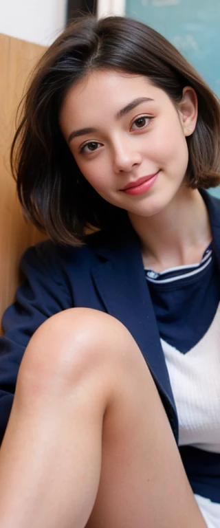 (masterpiece, highest quality:1.2), 8K, Young beautiful girl, 85mm,Official AR RAW Photos, baby face、clothed big breasts、show me your ears、photo shoot, cute face, thighs, After school classroom, looking at the viewer, embarrassing、smile、no makeup, film grain, chromatic aberration, sharp focus, face light, clear lighting, Ten generations, detailed face, background bokeh、((((((31-year-old high school girl))))))、thin waist、sailor suit、cardigan、navy blue mini skirt、Lift the skirt with your hands、White tiny panties、open your legs, short hairstyle 