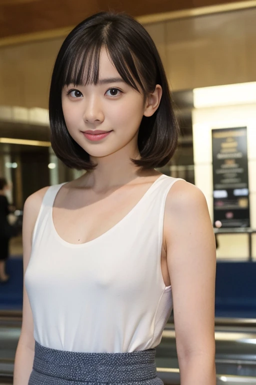 High quality full body portrait、Slim body、Small breasts、Small Deliciousness、Shaved、Realistic、8k、highest quality、Very high resolution、The background is a blurred grey、glamorous、Coquettish look、Smile seductively、Beautiful and seductive face、Highly detailed eyes、Intimate Face、Highly detailed skin texture、White skin、Perfect hands、Perfectly proportioned skin、elegant face、Light brown hair、Random Hairstyles、((escalator))、(stand:1.2)、(Esbian all over:1.2)、(Upper body naked、Beautiful nipples、A girl in an elaborate skirt:1.3)、Short pleated skirt、
(Small breasts:1.2), escalatorの下から撮影、、 View your viewers、escalatorの最下段から見上げるアングルで撮影、I'm not wearing anything under my skirt、No underwear、Secretly taking pictures up a skirt、綺麗なShaved:1.8