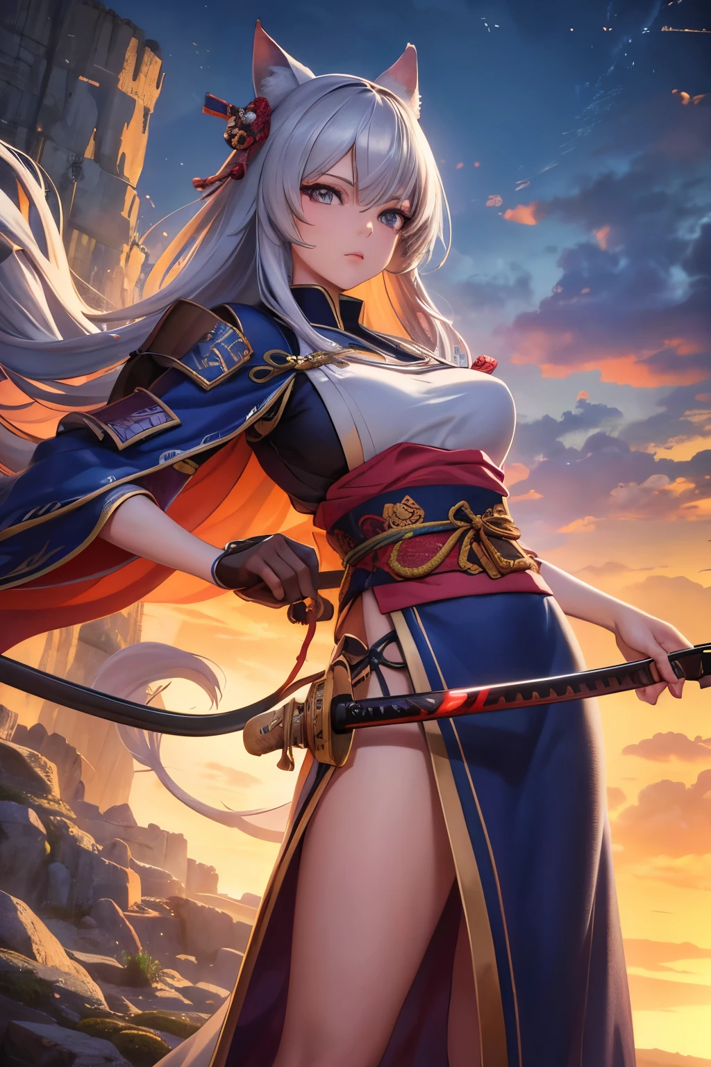 A wolf girl,samurai captain,beautiful detailed eyes,beautiful detailed lips,extremely detailed eyes and face,longeyelashes,(best quality,4k,8k,highres,masterpiece:1.2),ultra-detailed,(realistic,photorealistic,photo-realistic:1.37),HDR,UHD,studio lighting,ultra-fine painting,sharp focus,physically-based rendering,extreme detail description,professional,vivid colors,bokeh,portraits,landscape,horror,anime,sci-fi,photography,concept artists,colorful palette,gentle sunlight, fullbody shot, holding a katana 