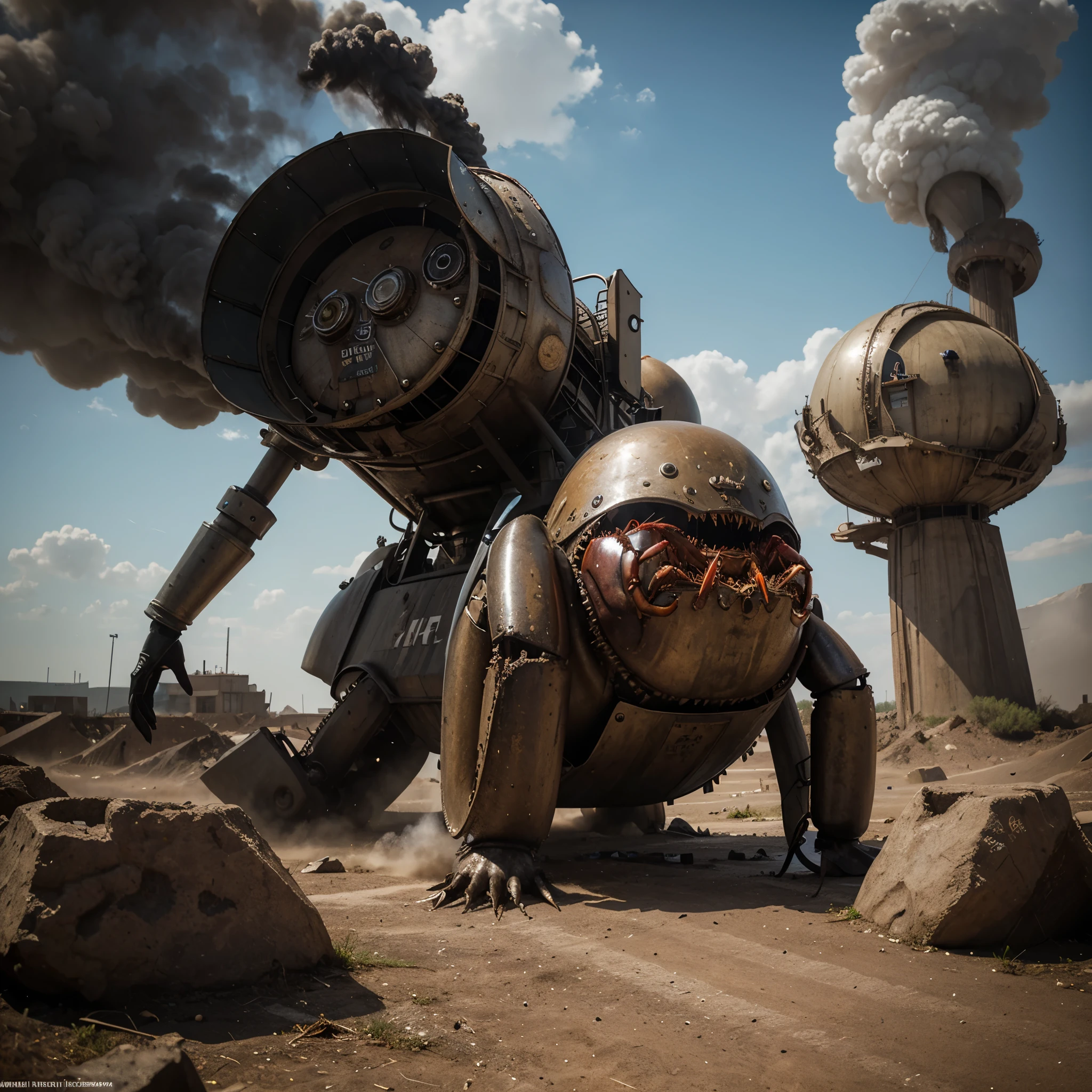 A creepy steam punk tank styled after a crab prowls the wastelands seeking merchants to rob