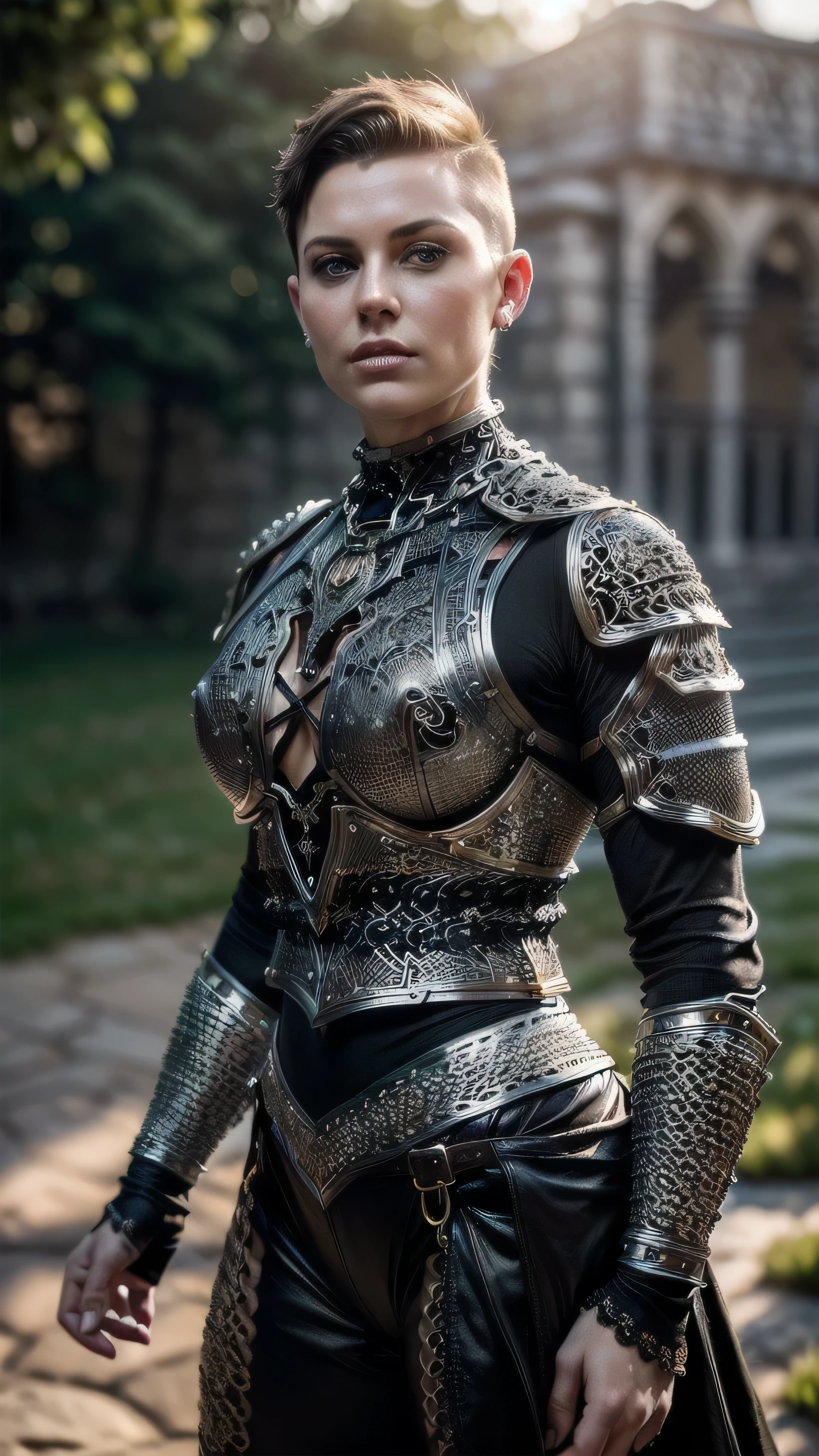 (masterpiece), (extremely intricate:1.3), (realistic), portrait of a muscular bodybuilder girl, (((medieval armor:1.6 (black gold filigree) breastplate, perfectchainmail), wind blown blowing [blonde hair:dark hair:0.6], [flat chest:large breasts:0.8]), from below), tattoo:1.0), metal reflections, upper body, outdoors, intense sunlight, far away castle, professional photograph of a stunning woman detailed, (((short undercut shaved hair, dynamic pose))), sharp focus, dramatic, award winning, cinematic lighting, volumetrics dtx, (film grain, blurry background, blurry foreground, bokeh, depth of field, sunset, interaction, blackiron Perfectchainmail ribbons), 8K