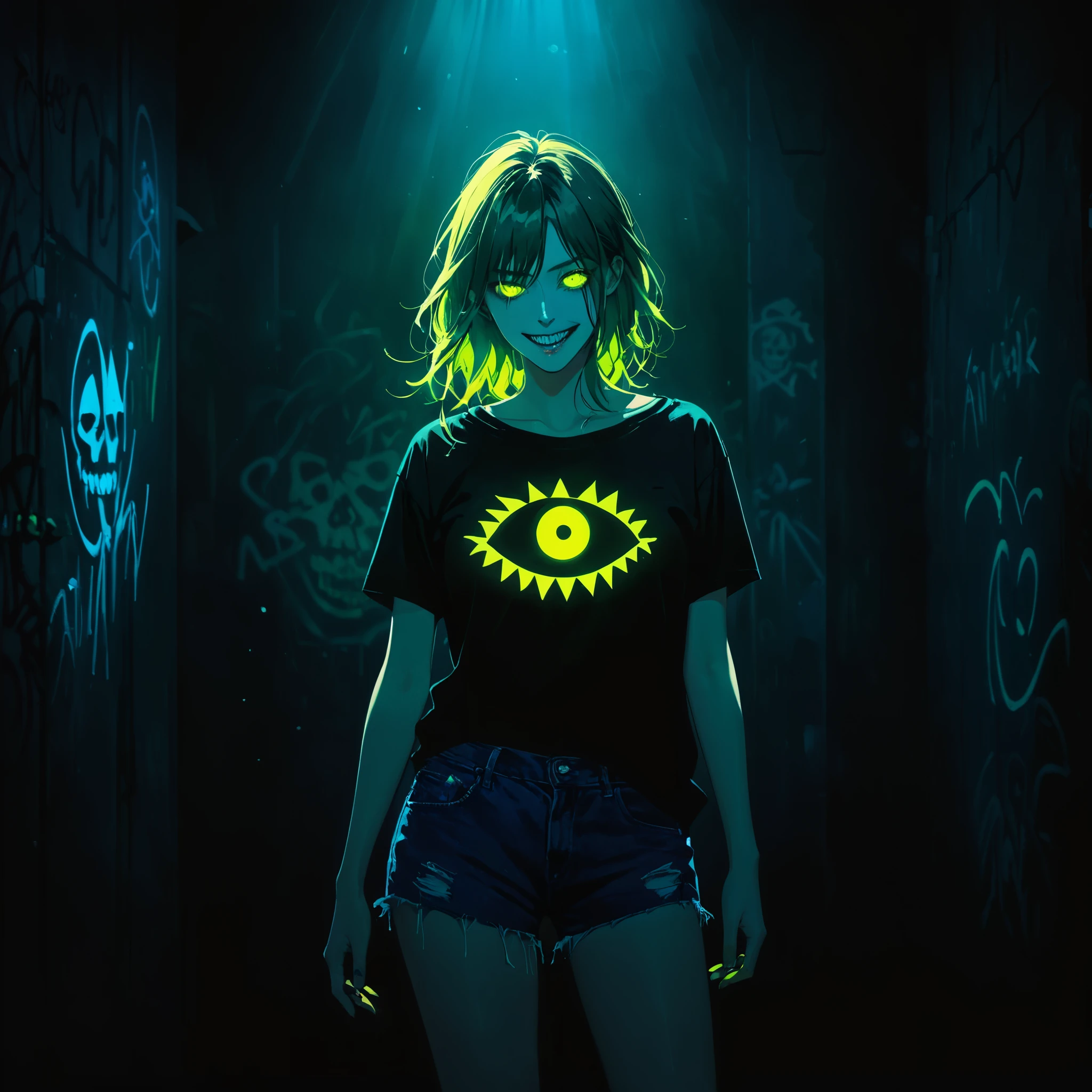 (Portrait of a mysterious giant eye),indoor,Fluorescent illumination,(((Darkness shrouded))),Wall background,black background,silhouette,shadow,extreme darkness,Minimalist graffiti style background,Fluorescent green ploy Skull pattern graffiti,Dark atmosphere,cowboy shot,1girl,Oversized black T-shirt,Medium Breast,Waistless T-shirt,(underboob),blurred background,Blurred foreground,Green fluorescent hair,Fluorescent green eyes,Hand raised and touching hair,long hair,Messy hair,Low rise denim shorts,Over-the-knee boots,pink eye shadow,Ruined eyeshadow,Grin,Open your mouth,Devil smiley,middle finger,Shark Teeth,Dark and Edgy、Surrealist elements、expressive brushstrokes、dynamic composition。(Realism,照片Realism,照片Realism:1.37),extreme detail description