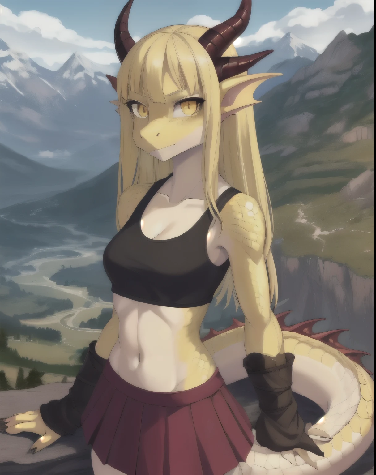 1girl, solo, masterpiece, mountain, scenery, (dragon girl:1.2), dragon, dragon horns, dragon tail, yellow eyes, slit pupils, (scales, scalie:1.2), crop top, skirt