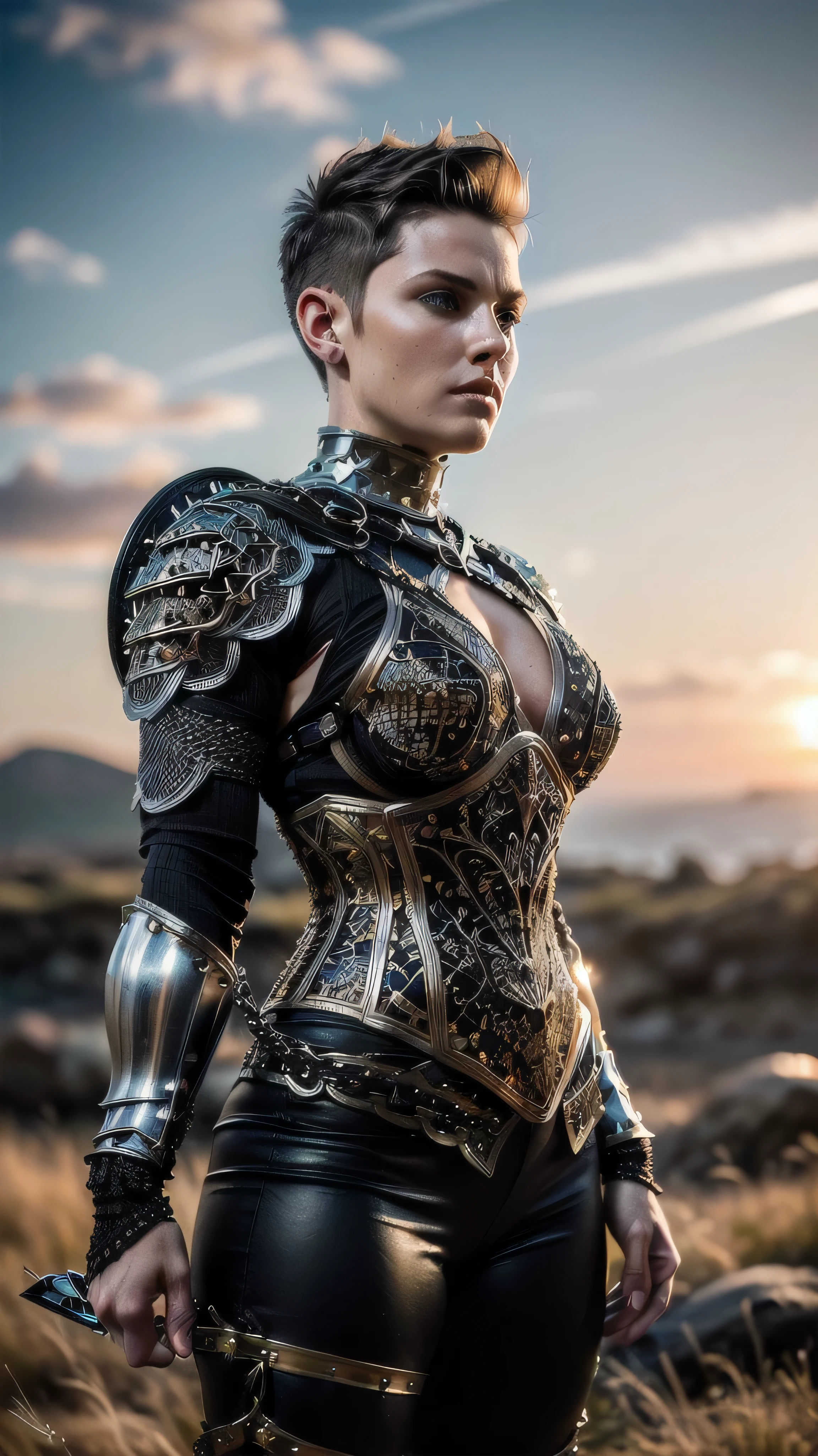 (masterpiece), (extremely intricate:1.3), (realistic), portrait of a muscular bodybuilder girl, (((medieval armor:1.6 (black gold filigree) breastplate, perfectchainmail), wind blown blowing [blonde hair:dark hair:0.6], [flat chest:large breasts:0.8]), from below), tattoo:1.0), metal reflections, upper body, outdoors, intense sunlight, far away castle, professional photograph of a stunning woman detailed, (((short undercut shaved hair, dynamic pose))), sharp focus, dramatic, award winning, cinematic lighting, volumetrics dtx, (film grain, blurry background, blurry foreground, bokeh, depth of field, sunset, interaction, blackiron Perfectchainmail ribbons), 8K