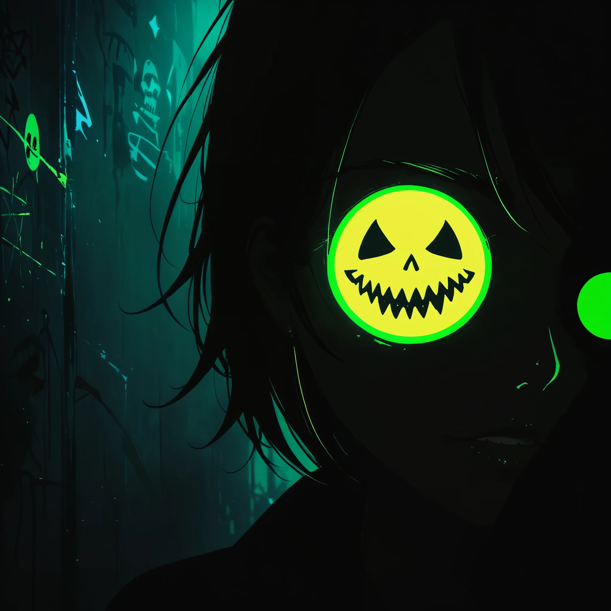 (Portrait of a mysterious giant eye)，indoor，Fluorescent illumination，(((Darkness shrouded)))，Wall background，black background，silhouette，shadow，extreme darkness，Minimalist graffiti style background，Fluorescent green ploy Skull pattern graffiti，Dark atmosphere，cowboy shot,1girl,Oversized black T-shirt，Medium Breast，Waistless T-shirt，（underboob），blurred background，Blurred foreground，Green fluorescent hair，Fluorescent green eyes，Hand raised and touching hair，long hair，Messy hair，Low rise denim shorts，Over-the-knee boots，pink eye shadow，Ruined eyeshadow，Grin，Open your mouth，Devil smiley，middle finger，Shark Teeth，Dark and Edgy、Surrealist elements、expressive brushstrokes、dynamic composition。（Realism，照片Realism，照片Realism：1.37），extreme detail description