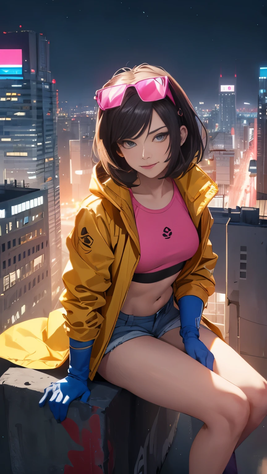 (Highly quality, masterpiece, detailed), night city detailed scenario, night city detailed background, solo, jubilee, pink crop top, raincoat, jean shorts, blue gloves, eyewear on head, smirk, sitting on top of a building, navel, perfect face, beautiful eyes, looking at the viewer, Sexy pose