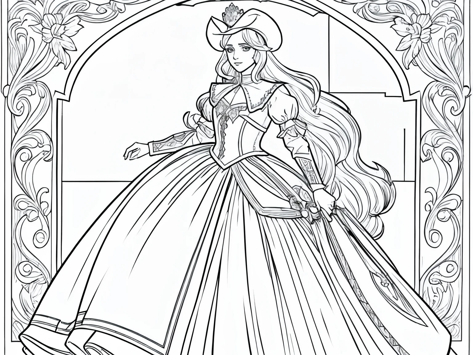 Please generate only the outline or stroke of this drawing so that I can use it in a coloring book: The beautiful princess knight with her white hat and musketeer suit