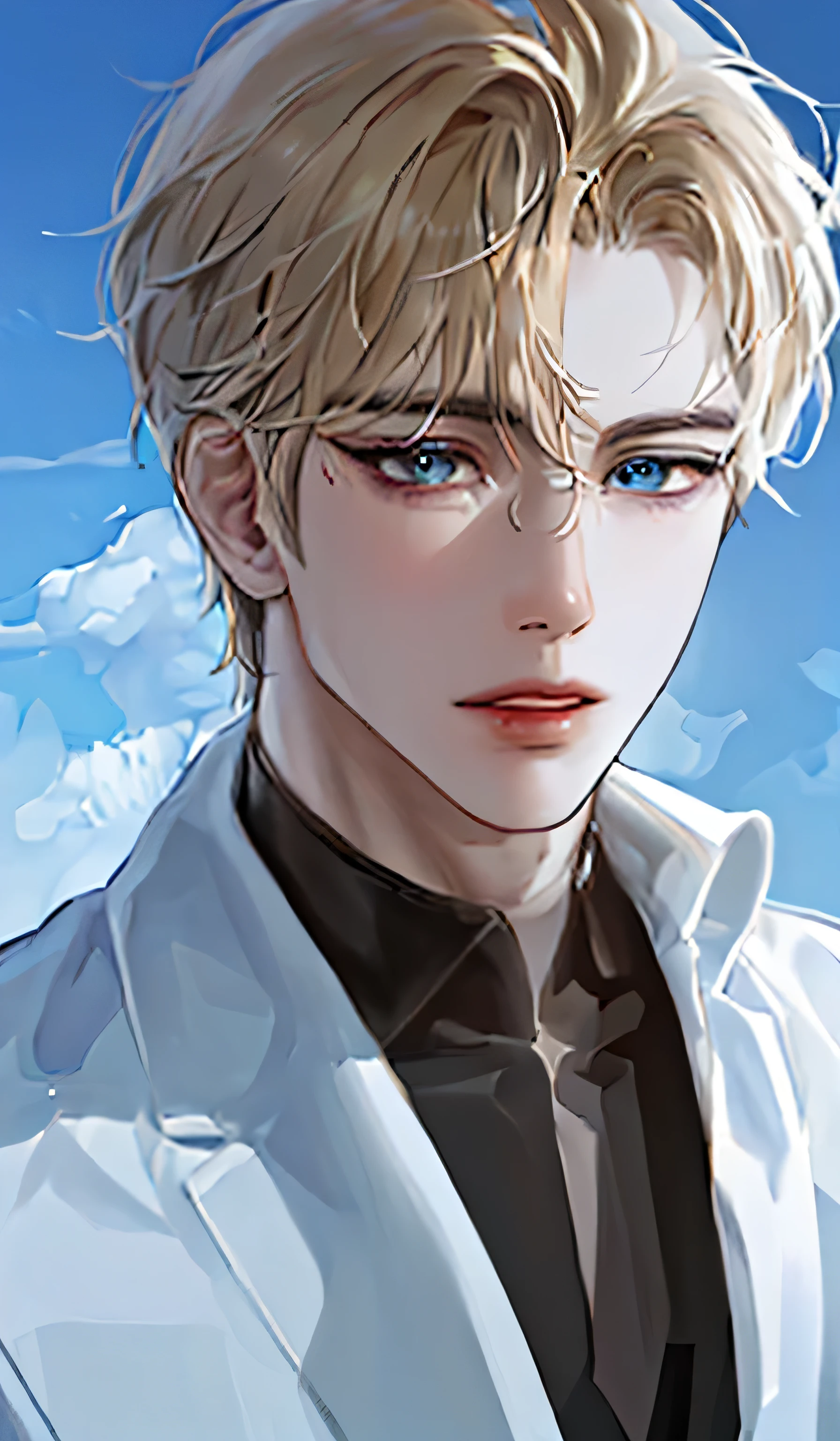 1 man, portrait, Beautiful handsome, alone, lips, male focus, random color, looking at the viewer, short hair, gentle expression, suit,blonde platina hair, sky blue eyes