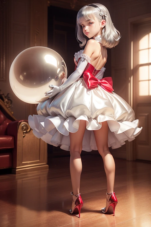 ((holding a silver ballon)), (((full body))), real photo,  girl, Brat female , drawers, ((looking back at me)), long glove, red dress shoes,