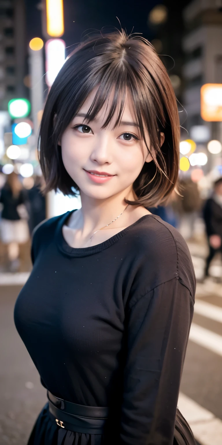 1 Girl, Tokyo Street,night, Streetscape,City lights,Upper Body,close,smile,, (8K, Raw photo, highest quality, masterpiece:1.2),(Realistic, photo-Realistic:1.37),