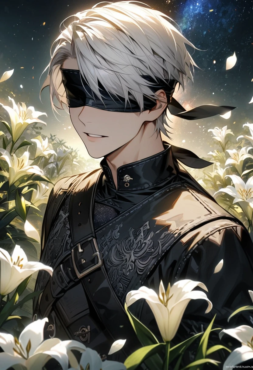 absurdres, highres, ultra detailed, HDR, master piece, best quality, 9S, white hair, with bangs, blindfolded eyes, Nier Automata, solo, sexy man, handsome, black clothes, black gloves, fantasy, purple moon, purple flowers, purple blossoms, purple petals, fireflies