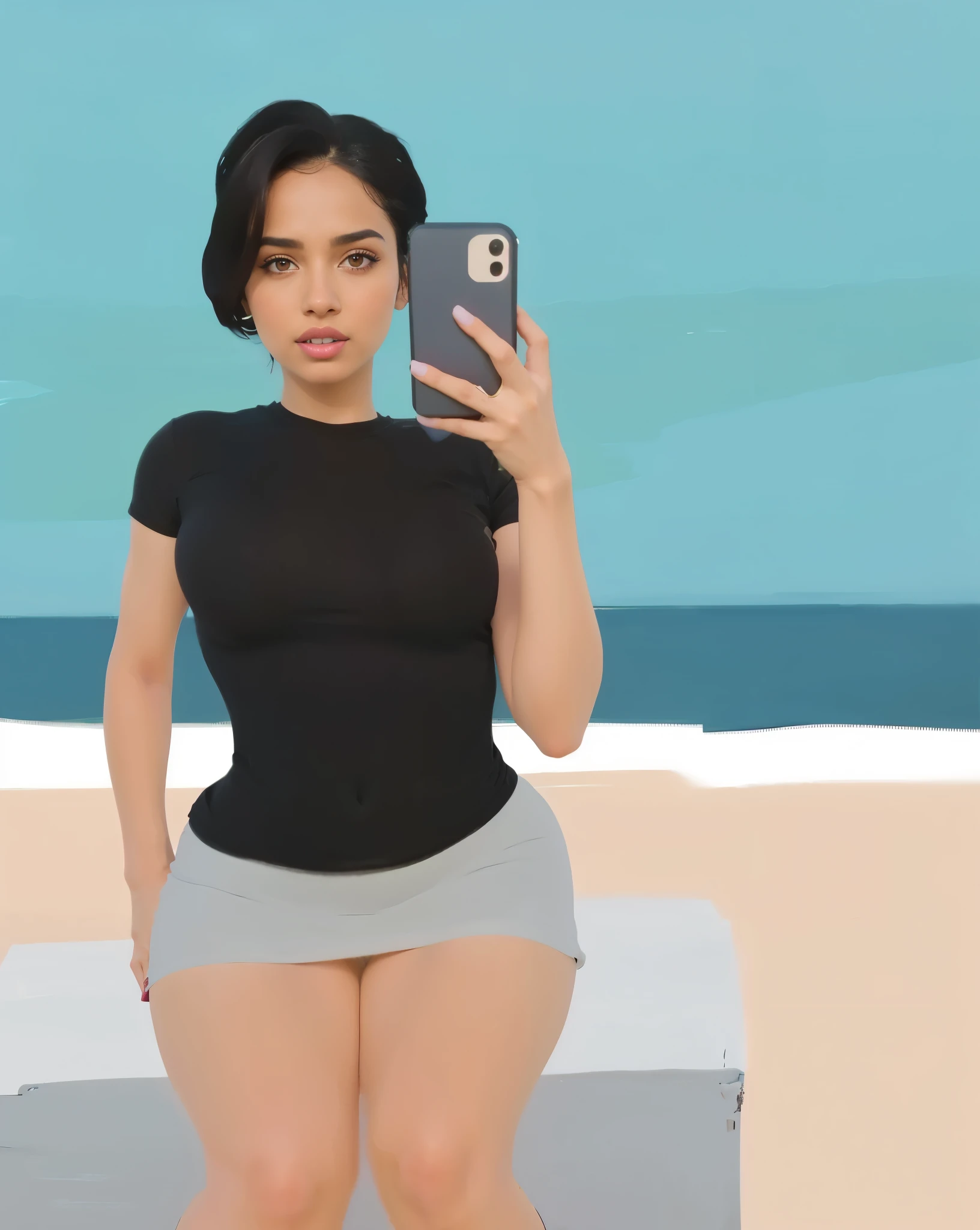 Beautiful brown girl, (Sasha Calle, Becky G, KIKI Layne, Kylie Jenner, maitreyi ramakrishnan, 18 years), wearing a black t-shirt and a (((tight white miniskirt))), taking a picture of herself using ((iphone)) on the beach, sitting at the beach on a sci-fi white cube, at a beach, sitting on the beach, in the beach, at the beach, beach pic, ocean in the background, at the sea, facing away from the camera, facing away from camera, round breasts, slim waist, big hips, beautiful soft thighs, beautiful legs,Vibrant, vivid, HDR, 8k, ((detailed: 1.4)), ((hyper realistic)), Extremely Realistic, Realism, Portrait, Raw photo, Photography, Photorealism, Photoshoot,