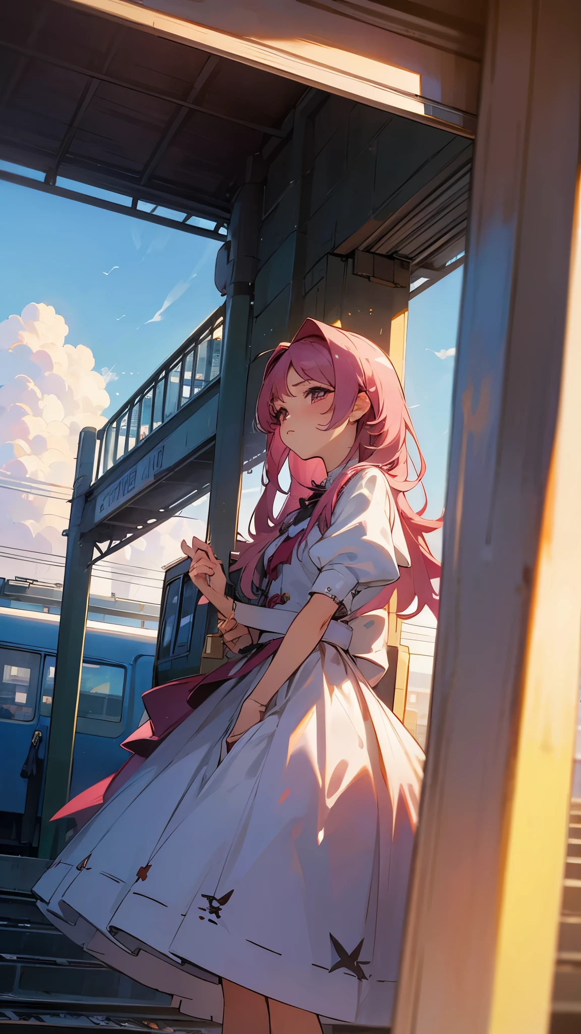 magenta tint、vivd colour、((tmasterpiece)))、(((quality)))、((ultra - detailed))、(Surreal)、(Very detailed CG illustration)、offcial art、CD cover、It will be、midsummer、The glorious 1980s、Cool beauty、cochetti gorgeous、incomparable beauty、Hair color、Rock music、jaqueta de couro、Superskirt、Women only、perfect angle、Perfectcomposition、(natta,Train station,trains,Clouds),