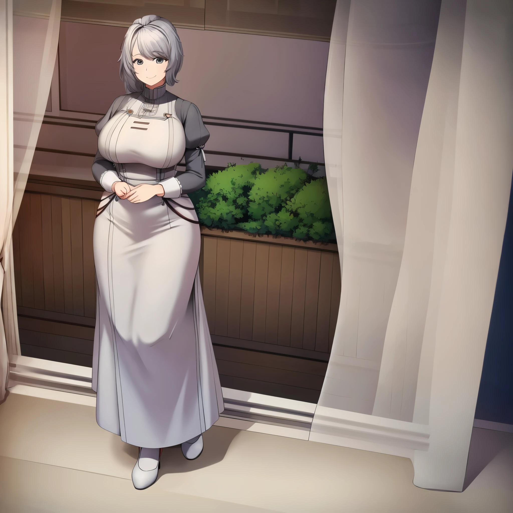 A woman wearing a maid's uniform, on the balcony of a modern house, overlooking a garden, trees around, medium gray hair, gray eyes, smiling, big breasts, full body, smiling, full body,HDR, masterpiece, well defined, ultra resolution, high quality, 8k HD. (just a woman, solo)
