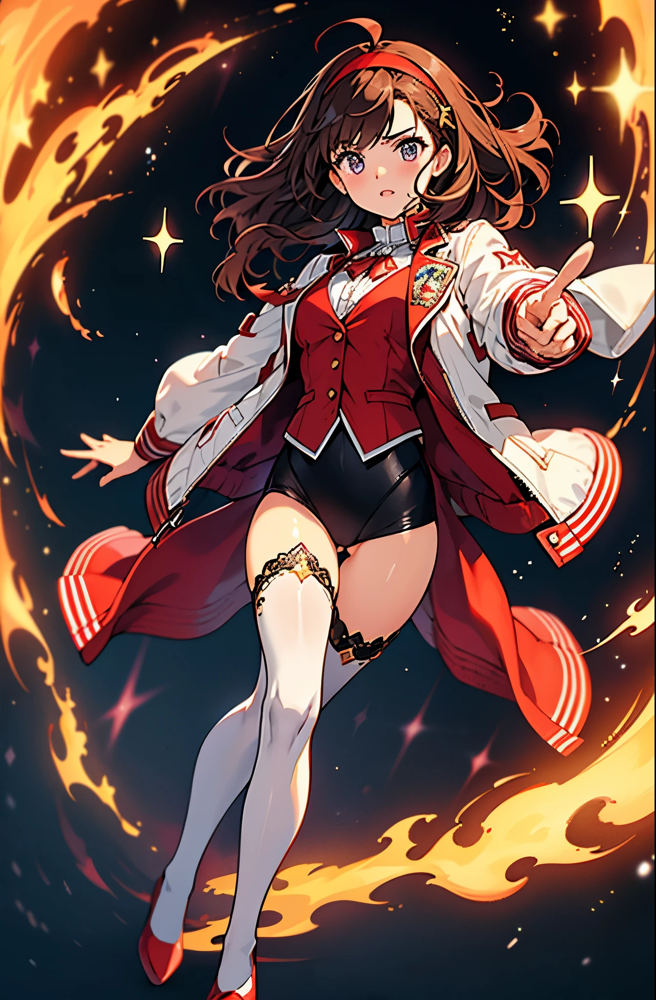 Woman with brown eyes, age 21 (medium hair, dark brown hair, wavy hair, red hairband), ahoge, ((white blouse with black stars, vest, jacket, opened jacket, red jacket with stars)), (leotard, bare legs, black thigh highs, high-heel shoes), purple stellar energy around, cosmic power, cosmic shining power. purple eyes, beautiful detailed eyes, beautiful detailed face, cute face, perfect hands, complete fingers, perfect anatomy, perfect proportions. (casting a spell). full body costume design, full body, cowboy shot.