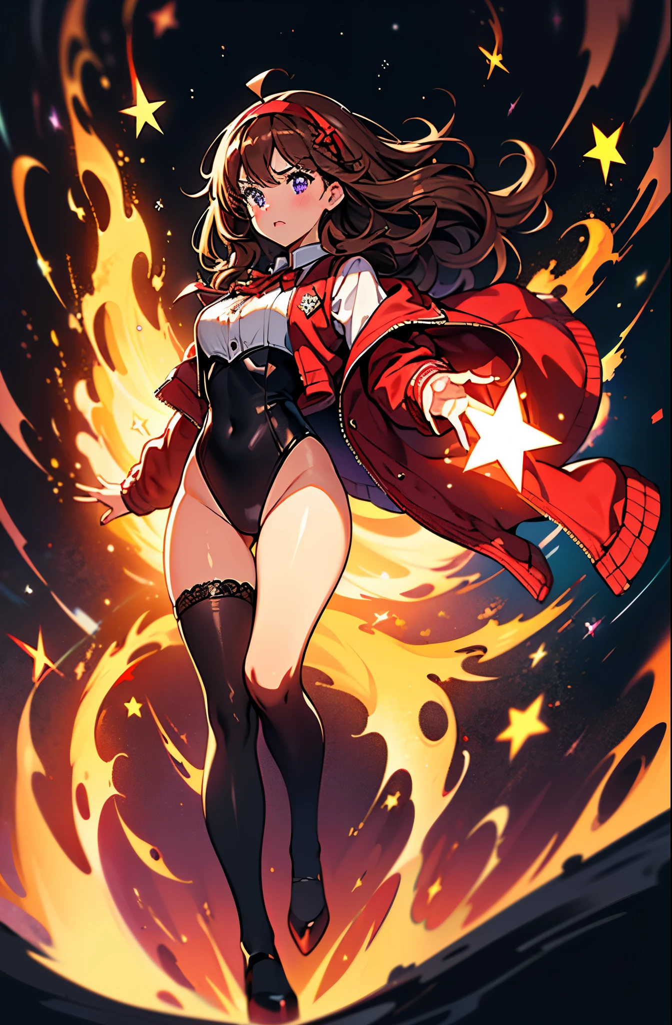 Woman with brown eyes, age 21 (medium hair, dark brown hair, wavy hair, red hairband), ahoge, ((white blouse with black stars, vest, jacket, opened jacket, red jacket with stars)), (leotard, bare legs, black thigh highs, high-heel shoes), purple stellar energy around, cosmic power, cosmic shining power. purple eyes, beautiful detailed eyes, beautiful detailed face, cute face, perfect hands, complete fingers, perfect anatomy, perfect proportions. (casting a spell). full body costume design, full body, cowboy shot.