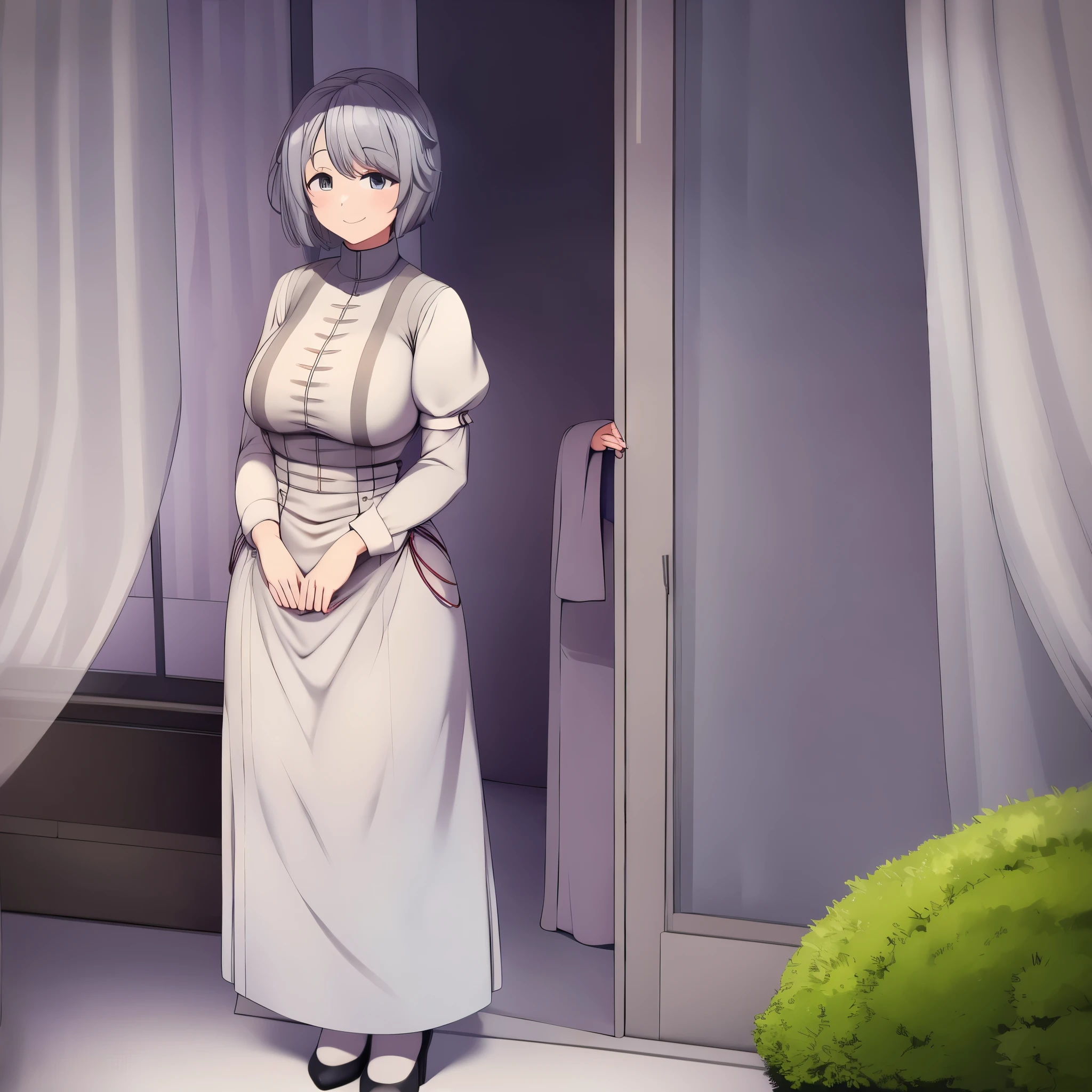 A woman wearing a maid's uniform, on the balcony of a modern house, overlooking a garden, trees around, medium gray hair, gray eyes, smiling, big breasts, full body, smiling, full body,HDR, masterpiece, well defined, ultra resolution, high quality, 8k HD. (just a woman, solo)
