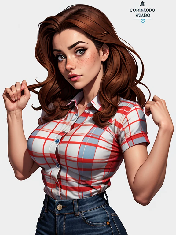 Character style illustration style Completely bare breasts showing a little fear Breast size Cartoon name: Isabella Cruz white background medium breasts freckled face Hermione Granger actress strong contours Physical description - long straight hair, tingidos de um marrom vibrante que contrasta com sua pele clara. - You reflect a mix of curiosity and determination. - Ela tem uma estatura alta, with a slender and agile figure, evidenciando sua agilidade e destreza. -fundo colorido Design de personagens de retrato, beautiful digital illustration, retrato de alta qualidade, Arte em quadrinhos, Corpo inteiro sensualizando ou pelada. folha de retorno. member return sheet clothes of the day hellish day expression love wearing sadomasochistic clothes with red plaid shirt and blue jeans