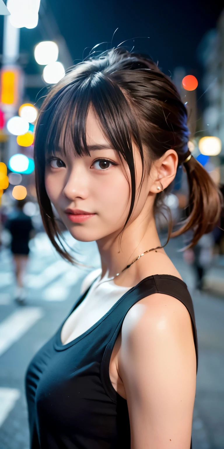 1 Girl, Tokyo Street,night, Streetscape,City lights,Upper Body,close,smile,, (8K, Raw photo, highest quality, masterpiece:1.2),(Realistic, photo-Realistic:1.37),