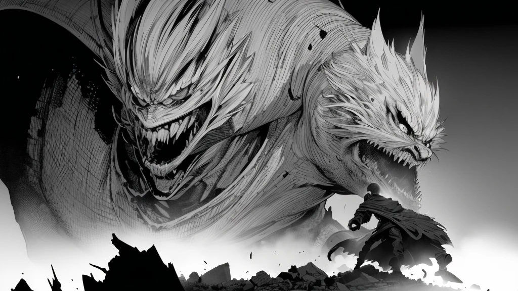 (best quality,highres,ultra-detailed,realistic:1.2),horror,shaved-haired boy,casual outfit,fearful expression,menacing atmosphere,giant creature wandering,debris,action-packed,Japanese manga style,sinister climate,creature in motion, pencil drawing, black and white, in frames