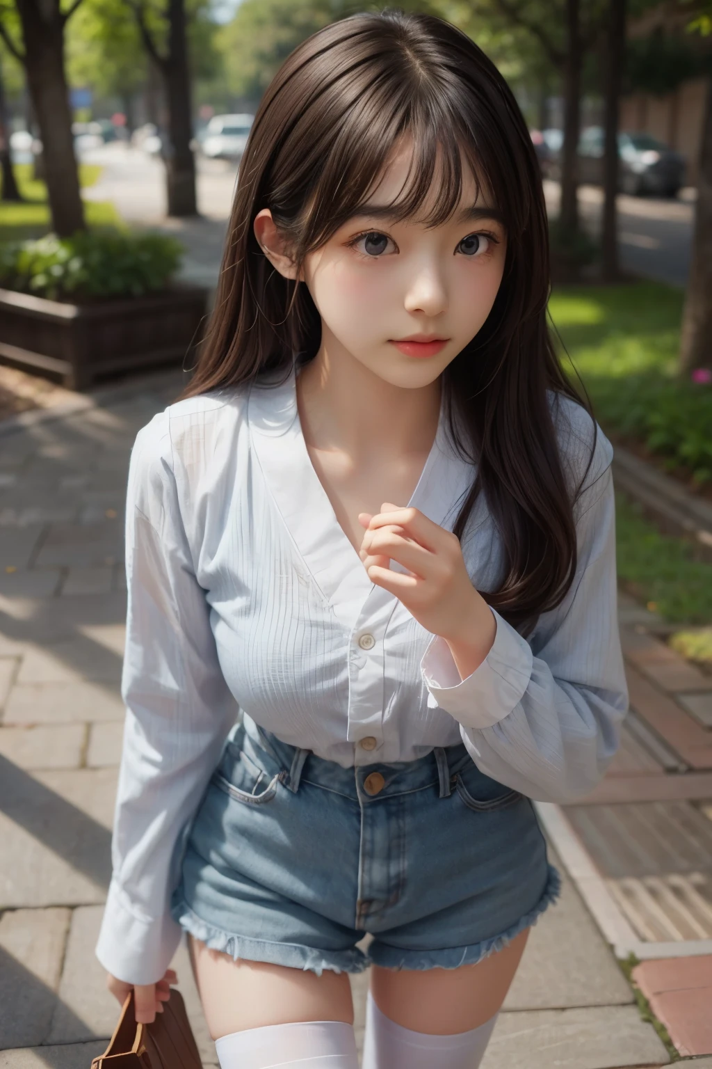 ((sfw: 1.4)), ((detailed face, professional photography)), ((sfw, zettai ryouiki, 1 Girl)), Ultra High Resolution, (Realistic: 1.4), RAW Photo, Best Quality, (Photorealistic Stick), Focus, Soft Light, (()), ((Japanese)), (( (young face))), (surface), (depth of field), masterpiece, (realistic), woman, bangs, ((1 girl))